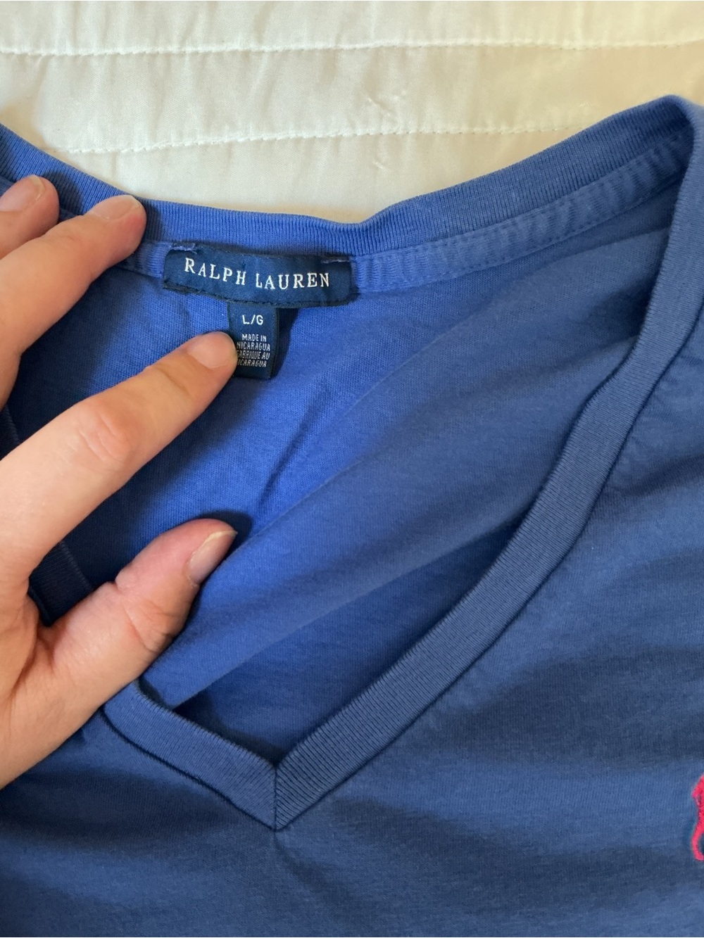 Ralph Lauren V-Neck Tee in Royal Blue with Pink Logo - Picture 4 of 8